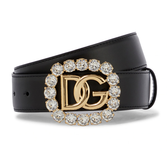 $900 NEW DOLCE & GABBANA CRYSTAL LOGO DG BLACK LEATHER BELT 85 NWT BOX! - Picture 1 of 16